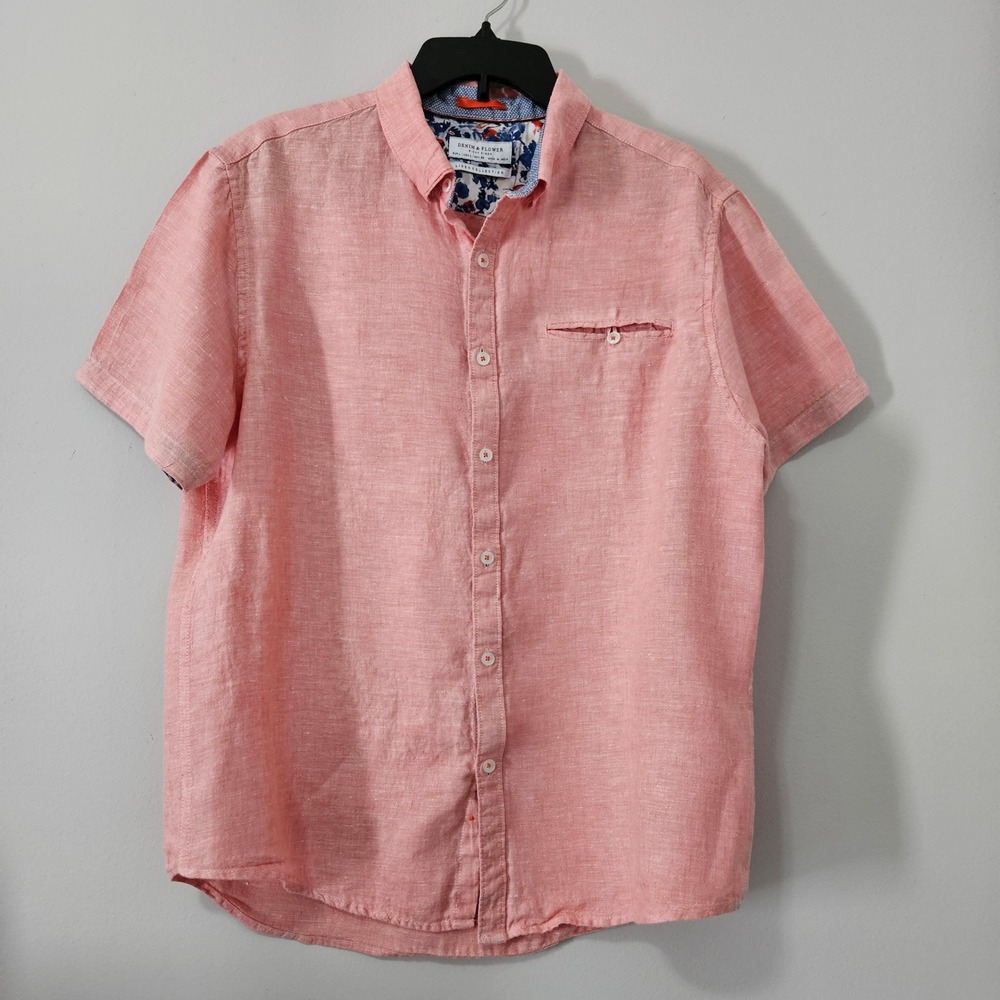Denim & Flower Ricky Singh Mens Large 100% Linen Short Sleeve Shirt Coral Pink